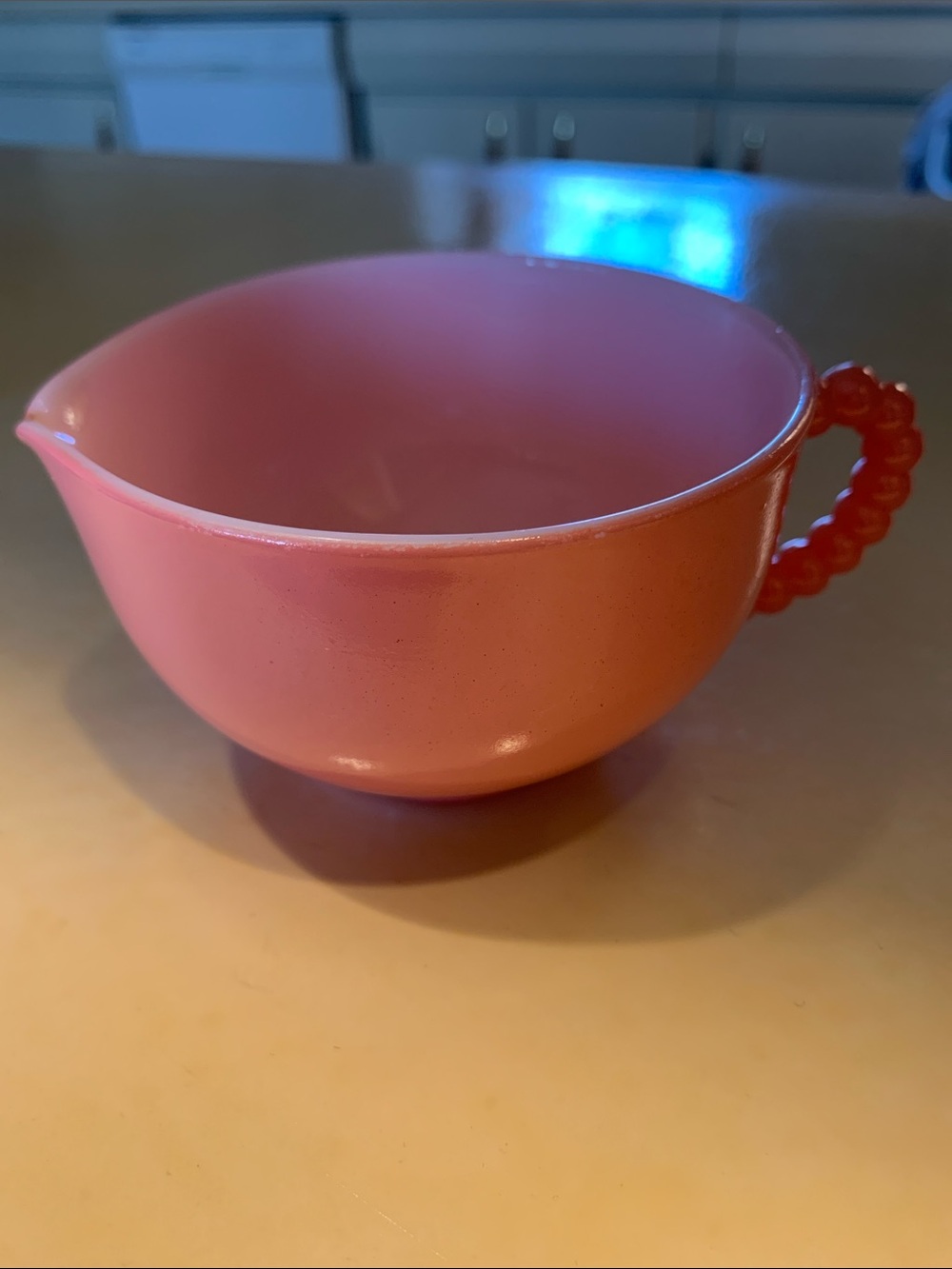 Vintage Hazel Atlas Pink Crinoline Beaded Handle Creamer Ripple Glass